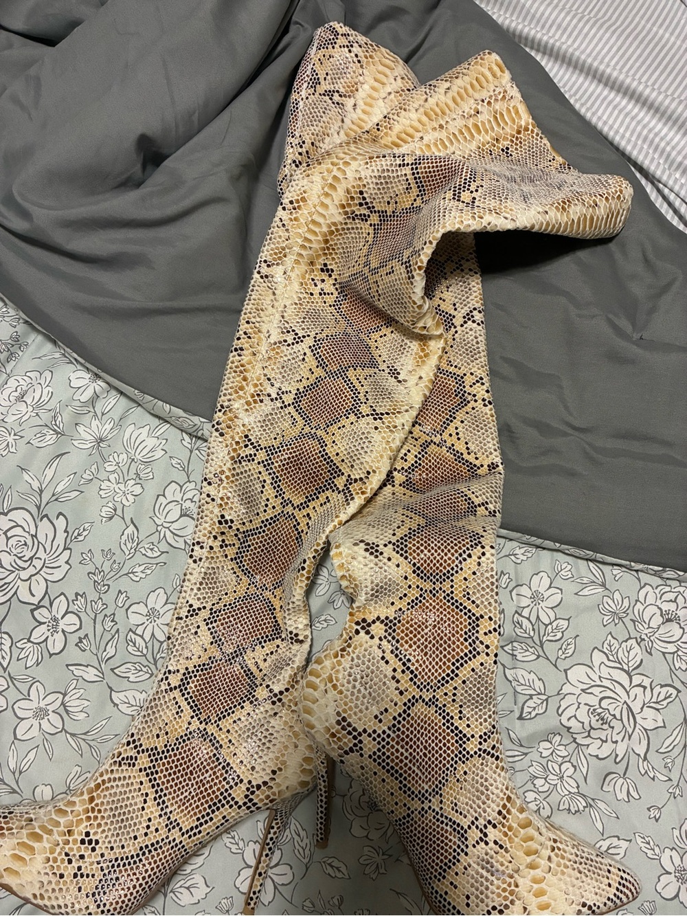 Fashion Nova Beige & Tan Snake-Print Thigh-High Boots